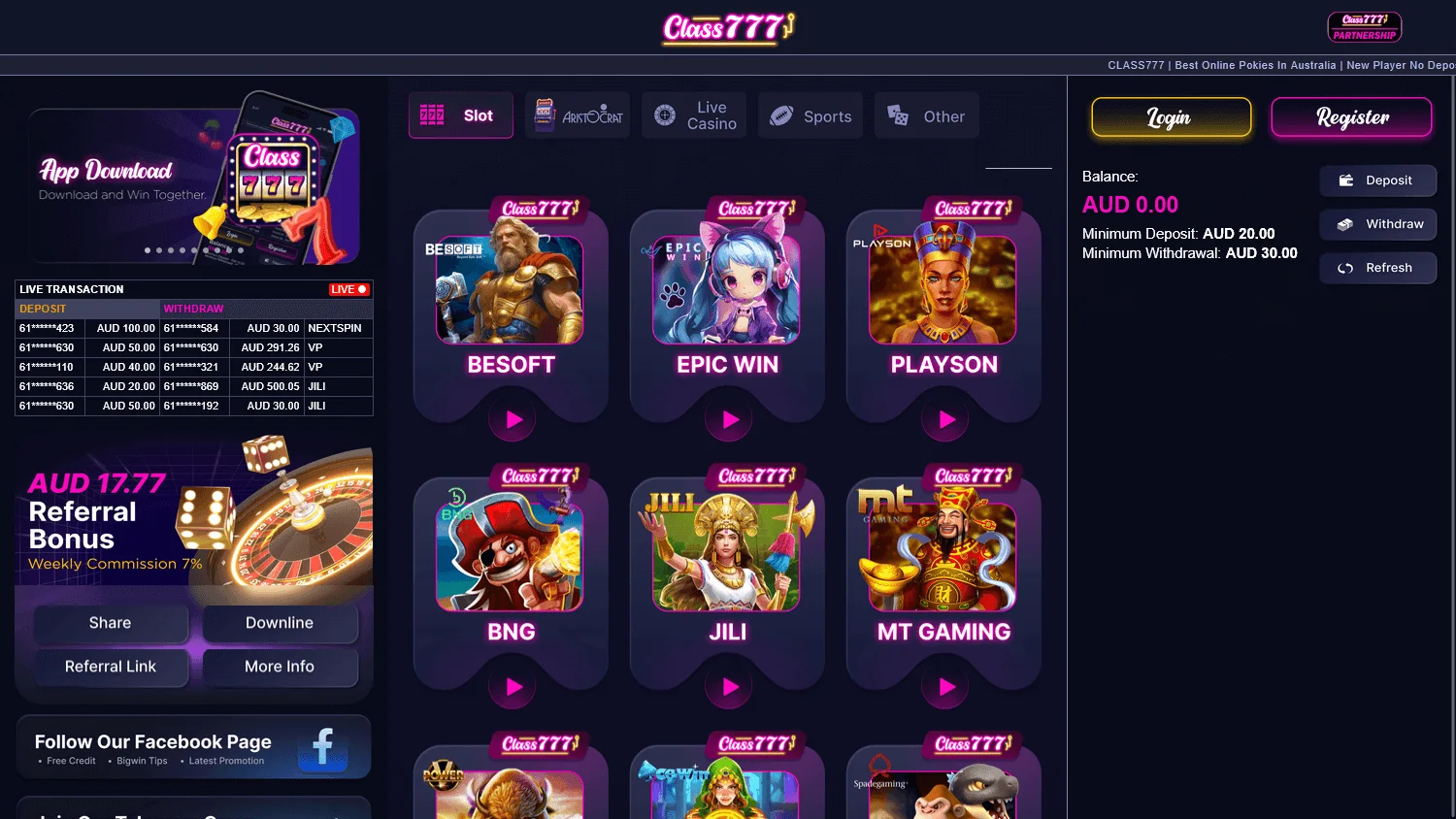 Class 777 Casino desktop home interface