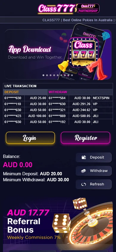 Class 777 Casino games interface on a mobile browser